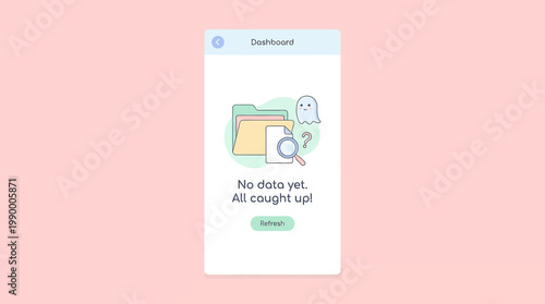 Illustration of an empty dashboard with a ghost icon and search magnifying glass, signifying no data found