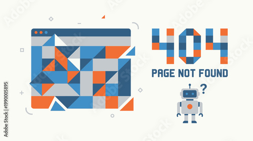 404 Page Not Found Error illustration with a robot and website elements, digital concept for website downtime or errors
