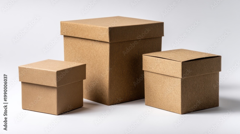 Fototapeta premium Three corrugated cardboard boxes of different sizes on a white surface