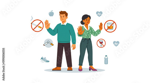 People Giving Up Bad Habits – Man and Woman Making Stop Gesture Rejecting Smoking and Alcohol