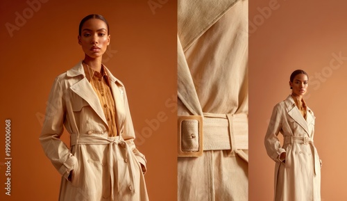 Three women wearing stylish colored trench coats standing against a warm brown background, showcasing fashion and outerwear design