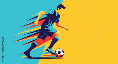 Soccer player kicking ball, dynamic sports illustration, football action, athletic motion graphics