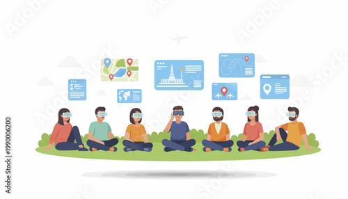 Diverse group of people engaged in virtual reality experiences and digital learning.