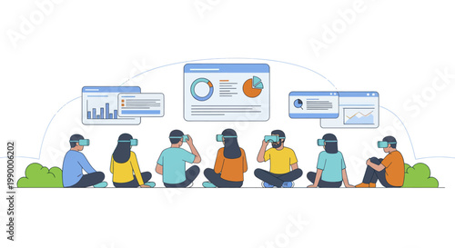 Diverse group of people experiencing virtual reality technology for education and business.