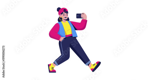 Young woman taking a selfie with her smartphone while walking.