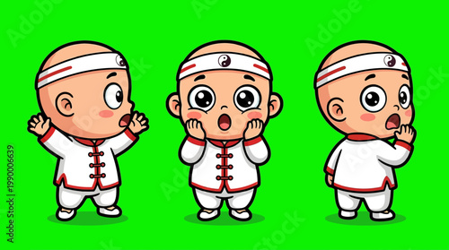 Adorable Cartoon Characters in Traditional Attire with Expressive Facial Expressions.