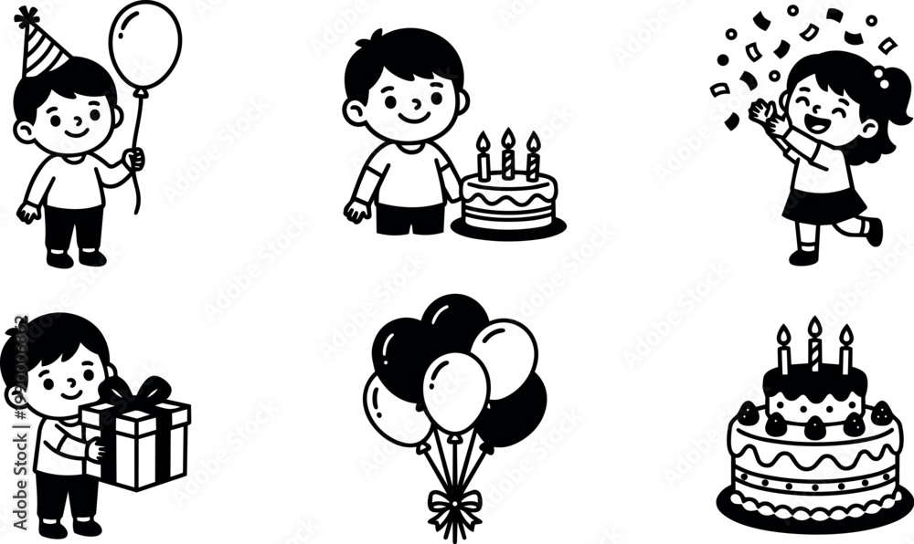 Fototapeta premium Black and white birthday children holding balloon cake and gift with balloons