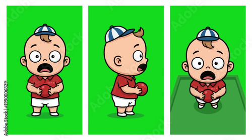 Adorable Cartoon Baby Holding a Ball with Surprised Expression.