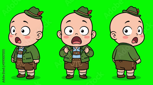 Adorable Cartoon Baby Wearing Traditional Bavarian Outfit with Surprised Expression.