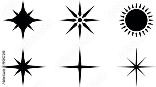 Black star and sun symbols vector set six icons in flat design