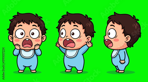 Adorable Cartoon Baby with Surprised Expression in Various Poses.