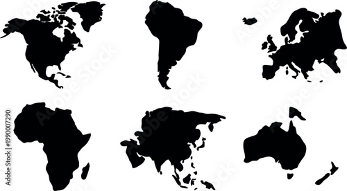 Black silhouettes of six world continents in flat vector art