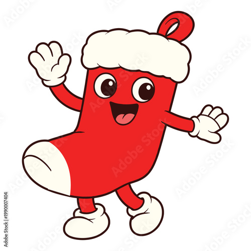 Cheerful christmas stocking mascot with fuzzy top waving hello in a friendly happy gesture.