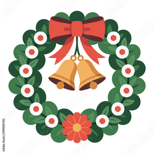 Christmas wreath with red bow golden bells and white flowers vector illustration holiday decoration.