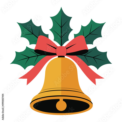 Christmas jingle bell with holly leaves and red ribbon bow, traditional xmas decoration element.