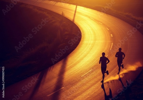 A high angle view of athletic figures running along a path at sunset, casting long and dramatic shadows across the warm, golden pavement, health, movement, yellow