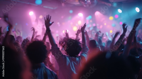 Crowd of young people celebrating at an underground party with colorful lights during an evening event
