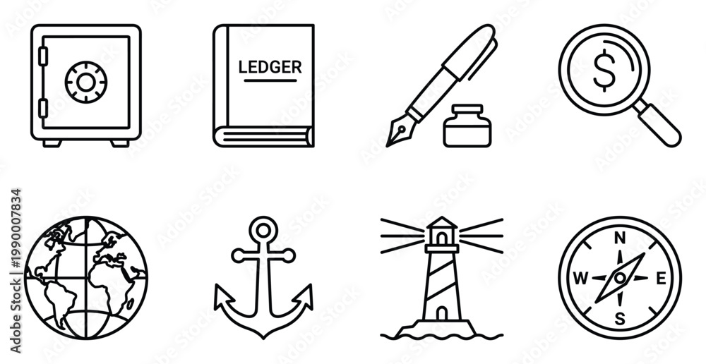 Obraz premium Finance and navigation set of icons including safe ledger pen magnifying glass globe anchor lighthouse.