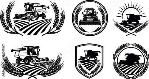 Black and white combine harvester with wheat wreath vector art set