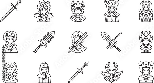 Black and white of people with and symbols swords spears