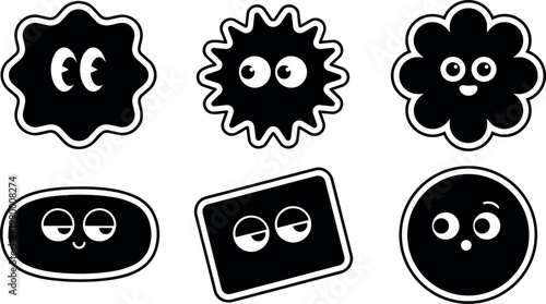 Black and white cartoon blob characters with expressive eyes and smiles vector art