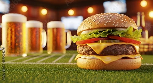 Delicious Double Cheeseburger and Beer Mugs on a Football Field Background in a Sports Bar.
