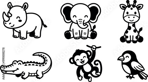 Black and white cute baby animals cartoon rhino elephant giraffe crocodile monkey and bird vector art