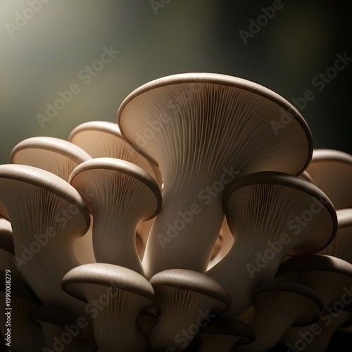 Close up view of fresh organic oyster mushrooms growing in a cluster with soft dramatic lighting.