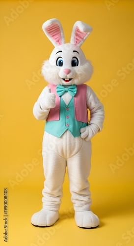 Person in White Easter Bunny Mascot Costume Wearing Pink and Teal Vest on Yellow Background.