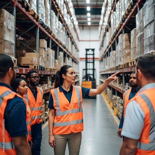 Female warehouse manager giving instructions to her team of workers in a large distribution center.