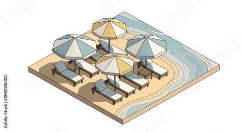 Isometric vector illustration of a summer vacation pack showcasing a beach scene with multiple lounge chairs and umbrellas arranged on the sand near the water, reflecting a business-like