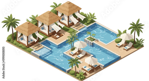Isometric vector illustration of a summer vacation pack showcasing a resort city with an inviting swimming pool, lounge chairs, and thatched-roof cabanas, bathed in bright, cheerful colors