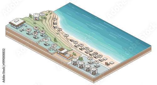 Isometric vector illustration showcasing a summer vacation pack for a beach resort city, featuring sunbathers, umbrellas, and various structures along the coastline with a light and airy