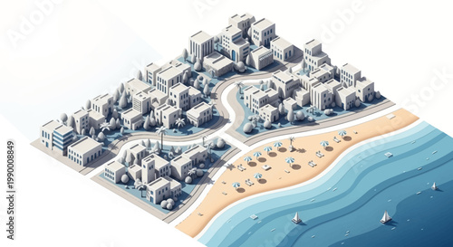 Isometric vector illustration of a resort city with a sandy beach and an active beach party scene, conveying a summer vacation mood with bright, clean colors against a white background