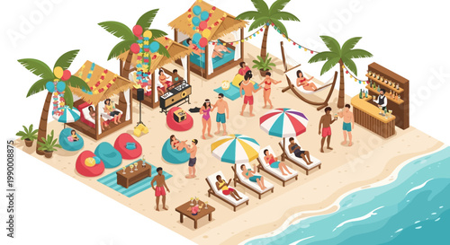 Isometric vector illustration of a lively beach party scene as people relax in an isometric resort city, featuring beach huts, lounge chairs, palm trees, and beachgoers enjoying