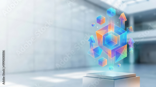 Abstract shapes rising with colorful geometric cubes and arrows glowing in modern bright space, symbolizing growth and innovation in technology and business
