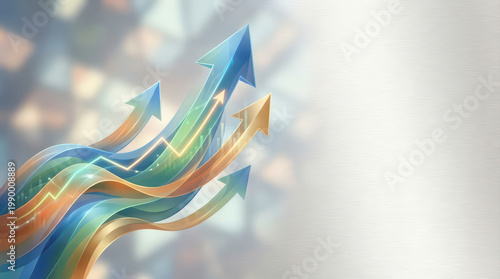 Rising colorful arrows with glowing effect symbolize growth and progress, abstract waves forming dynamic upward movement in blurred background inspiring success and advancement
