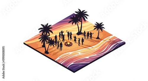 Isometric illustration of a vibrant summer vacation pack featuring a beach party scene with silhouettes of people gathered around a bonfire under palm trees, against a sunset backdrop