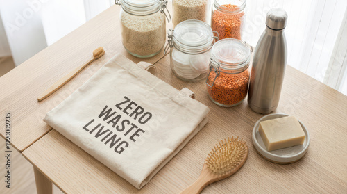 Zero waste living concept with reusable cotton bag, glass jars with grains and cotton pads, bamboo toothbrush, wooden hairbrush, soap bar, and metal water bottle on wooden table