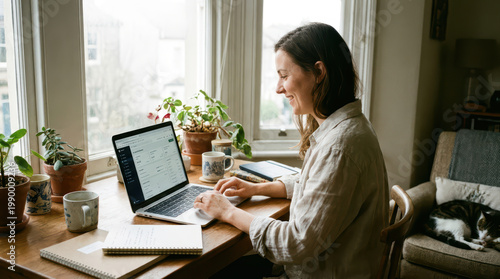 Woman Laptop Home office Workspace Plant Coffee mug Notebook Smiling Remote work Indoor