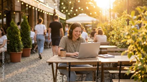 Young woman working on laptop outdoor cafe smiling with coffee cup and headphones in warm sunlight with people walking on street