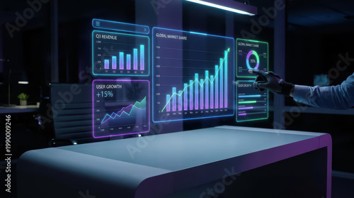 Futuristic digital interface with glowing charts and graphs showing revenue, market share, and user growth in dark modern office environment