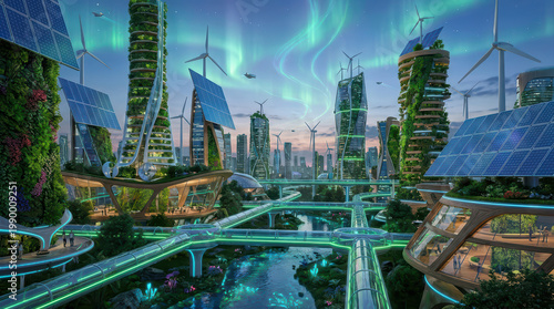 Futuristic green city with vertical gardens, solar panels, wind turbines, and illuminated pathways under northern lights, showcasing sustainable urban living and advanced eco technology