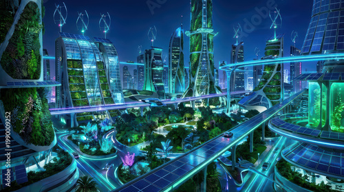Futuristic green city with illuminated skyscrapers, elevated roads, and abundant vegetation integrated into modern architecture, showcasing sustainable urban design at night
