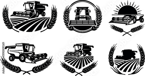 Black and white combine harvester with wheat wreath vector art set
