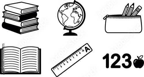 Black and white line art stack of books globe pencil case open book ruler and numbers