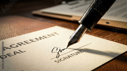 Agreement Deal Signature Pen Fountain pen Document Paper Writing Contract Business Close up of fountain pen signing business agreement document textured paper with warm lighting creating