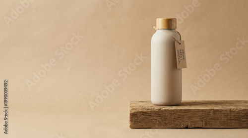 Reusable water bottle eco friendly sustainable beige wooden cap minimalistic natural material hydration modern design simple style