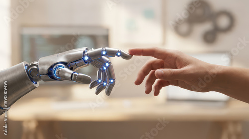 Robotic hand human hand technology connection futuristic interaction artificial intelligence innovation digital close up metal finger glowing modern science communication cyborg mechanical touch