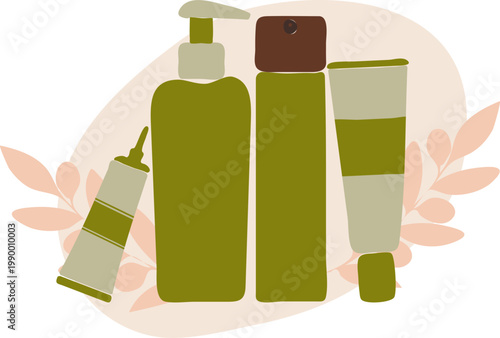 Cream and Spray Skincare Set, Flat Cosmetic Packaging Vector, Soft Botanical Background